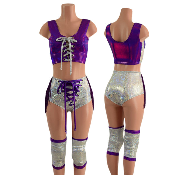 4PC Laceup Top, Fringed Laceup shorts, and Knee Pad Covers Set - 6