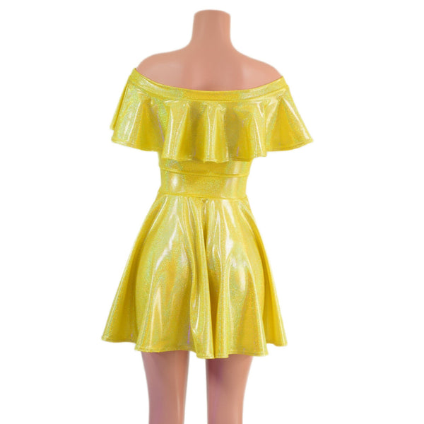 Off Shoulder Belle Skater Dress with Ruffle in Yellow Sparkly Jewel - 6