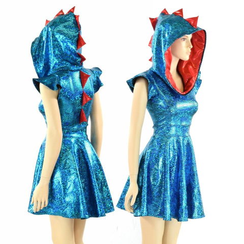 Turquoise & Red Dragon Spiked Skater Dress - Coquetry Clothing