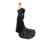 Star Noir One Shoulder Victoria Sleeve Gown with 36" Long Train - Coquetry Clothing