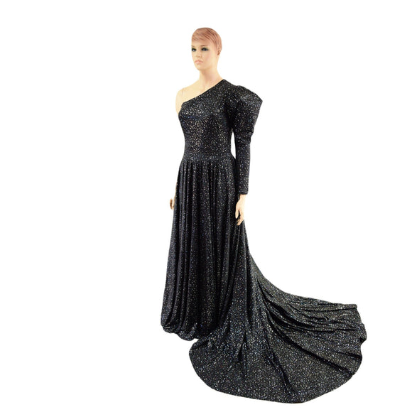 Star Noir One Shoulder Victoria Sleeve Gown with 36" Long Train - Coquetry Clothing