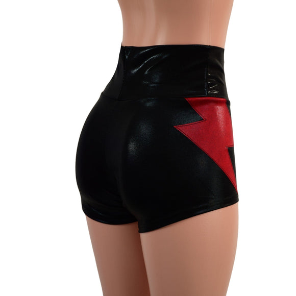 Black Metallic High Waist Shorts With Coagulant Hip Bolts - Coquetry Clothing