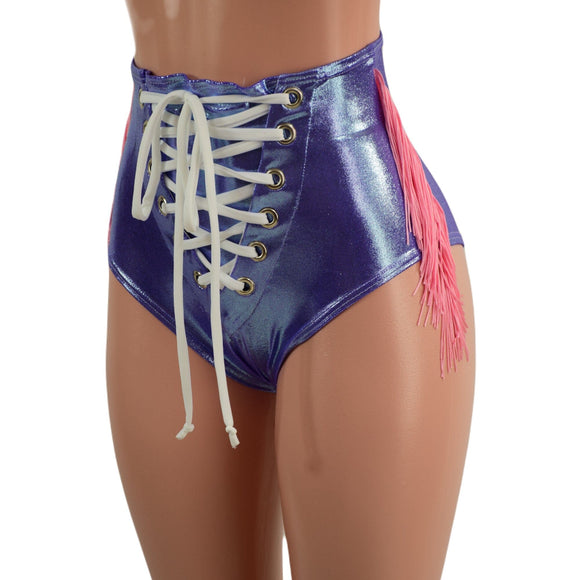 Lavender Ice Laceup Front Siren Shorts with Baby Pink Fringe - Coquetry Clothing