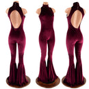 Backless, Bell Bottom Burgundy Velvet Catsuit with Snap Back Turtleneck - Coquetry Clothing