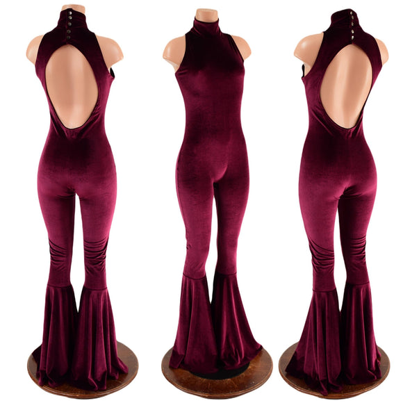 Backless, Bell Bottom Burgundy Velvet Catsuit with Snap Back Turtleneck - Coquetry Clothing