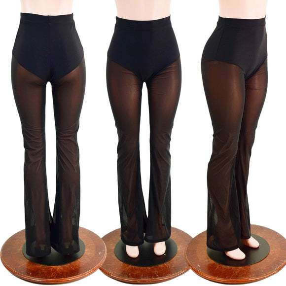 Black Zen Bootcut Leggings with Siren cut and Black Mesh Legs - Coquetry Clothing