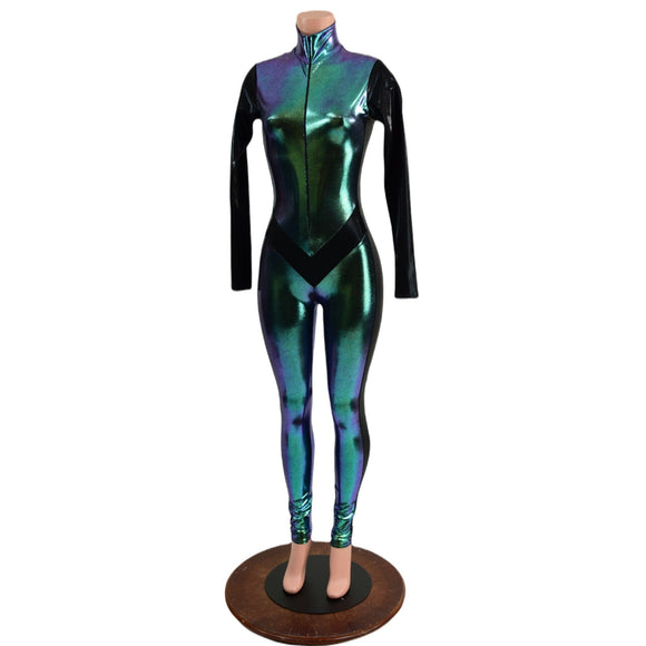 Scarab Catsuit with Black Mystique Side Panels, Long Sleeves and V Front - Coquetry Clothing