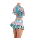 3PC Color Split Crop, Double Ruffle Mini Skirt, and Cheeky Booty Shorts Set - Coquetry Clothing