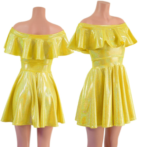 Ready to Ship Off Shoulder Belle Skater Dress with Ruffle in Yellow Sparkly Jewel XS - Coquetry Clothing