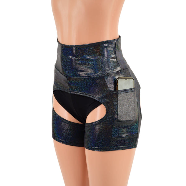 Black Holographic Short Chaps with Side Pockets - 3