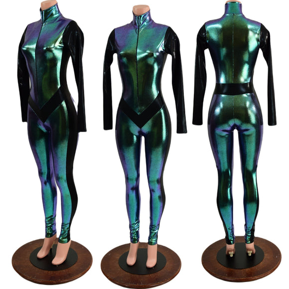 Scarab Catsuit with Black Mystique Side Panels, Long Sleeves and V Front - Coquetry Clothing
