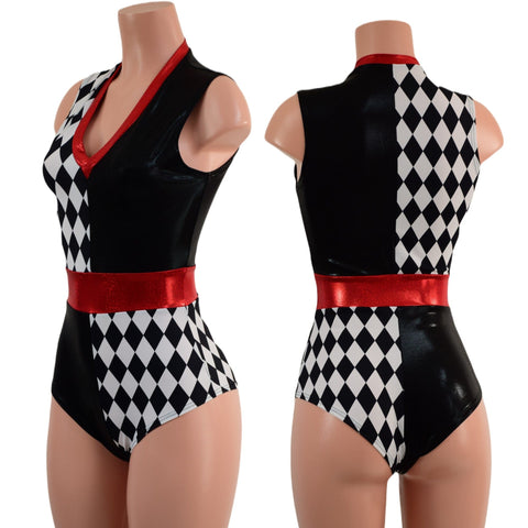 Black and White Quad Color Blocked Romper with Red Sparkly Jewel Trim - Coquetry Clothing