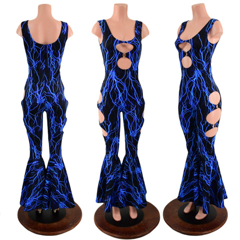 Neon Blue Lightning Oring Cutout Bell Bottom Catsuit - Coquetry Clothing