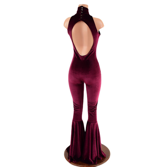 Backless, Bell Bottom Burgundy Velvet Catsuit with Snap Back Turtleneck - Coquetry Clothing
