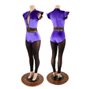 Purple Velvet Inset Mesh Keyhole Catsuit with Mesh Legs - Coquetry Clothing