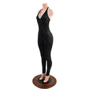 Ready to Ship Star Noir Backless V Neck Catsuit with Silver on White Shattered Glass Trim XS - Coquetry Clothing