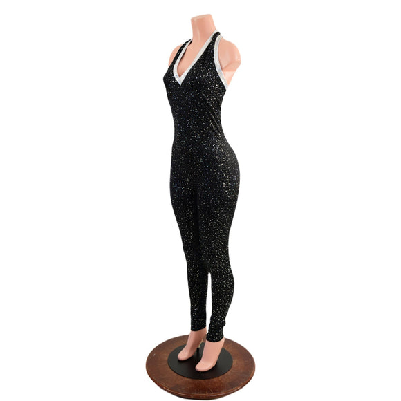Ready to Ship Star Noir Backless V Neck Catsuit with Silver on White Shattered Glass Trim XS - Coquetry Clothing