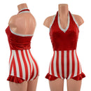 2PC Backless Bella Romper with V Neck and Hip Ruffles AND Mini Tux Back Belt Set - Coquetry Clothing