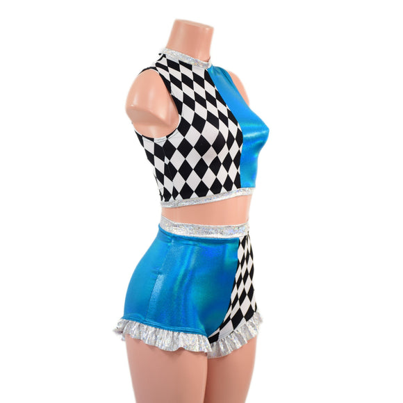 2PC Crop Top and High Waist Siren Shorts with Ruffled Legs - Coquetry Clothing