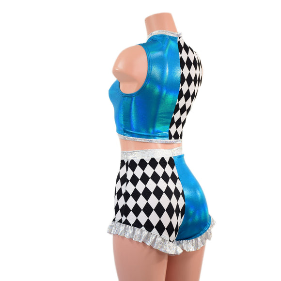 2PC Crop Top and High Waist Siren Shorts with Ruffled Legs - Coquetry Clothing