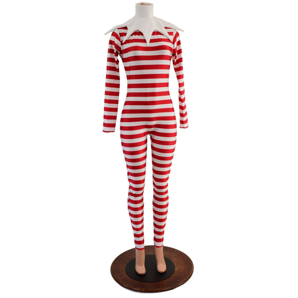 2PC Elf Catsuit and Collar Set in Red and White Stripe - Coquetry Clothing