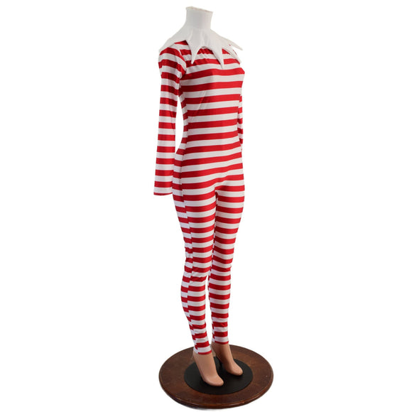 2PC Elf Catsuit and Collar Set in Red and White Stripe - Coquetry Clothing