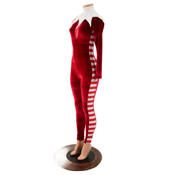 2PC Elf Catsuit and Collar Set in Red Velvet - Coquetry Clothing