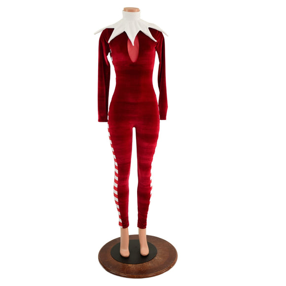 2PC Elf Catsuit and Collar Set in Red Velvet - Coquetry Clothing
