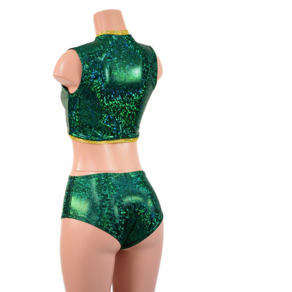 2PC Green and Gold Keyhole Top and Midrise Siren Shorts Set - Coquetry Clothing