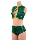 2PC Green and Gold Keyhole Top and Midrise Siren Shorts Set - Coquetry Clothing
