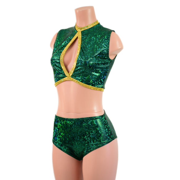 2PC Green and Gold Keyhole Top and Midrise Siren Shorts Set - Coquetry Clothing