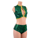 2PC Green and Gold Keyhole Top and Midrise Siren Shorts Set - Coquetry Clothing