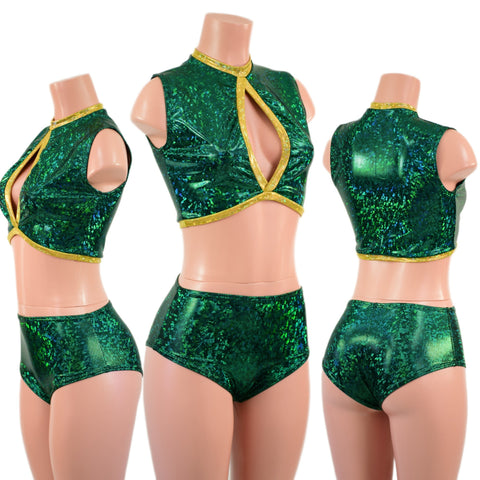 2PC Green and Gold Keyhole Top and Midrise Siren Shorts Set - Coquetry Clothing