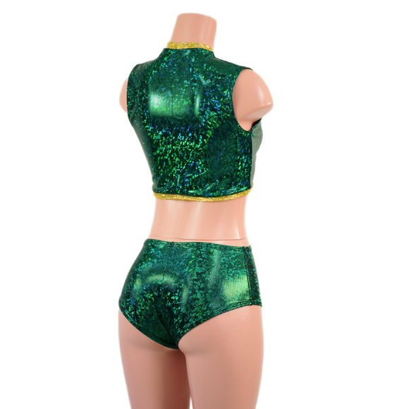 2PC Green and Gold Keyhole Top and Midrise Siren Shorts Set - Coquetry Clothing