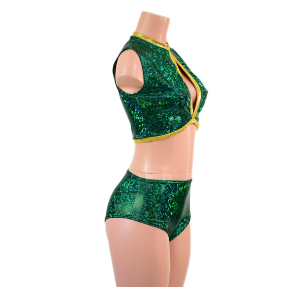 2PC Green and Gold Keyhole Top and Midrise Siren Shorts Set - Coquetry Clothing