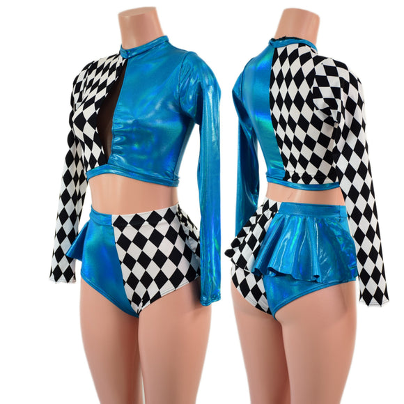 2PC Inset Keyhole Top and High Waist Siren Shorts Set with Ruffled Rump - Coquetry Clothing