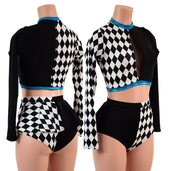 2PC Inset Keyhole Top and High Waist Siren Shorts Set with Ruffled Rump - Coquetry Clothing