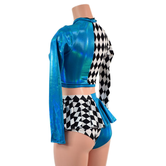 2PC Inset Keyhole Top and High Waist Siren Shorts Set with Ruffled Rump - Coquetry Clothing