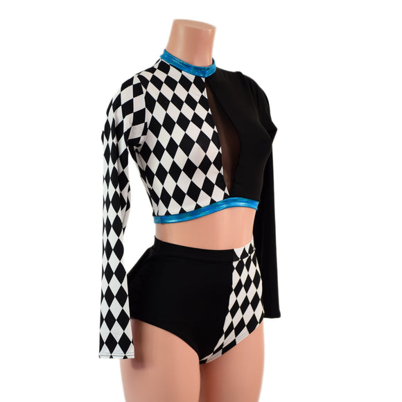 2PC Inset Keyhole Top and High Waist Siren Shorts Set with Ruffled Rump - Coquetry Clothing