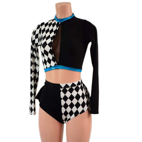 2PC Inset Keyhole Top and High Waist Siren Shorts Set with Ruffled Rump - Coquetry Clothing