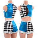 2PC Inset Keyhole Top and High Waist Siren Shorts with Ruffled Legs - Coquetry Clothing
