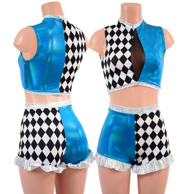 2PC Inset Keyhole Top and High Waist Siren Shorts with Ruffled Legs - Coquetry Clothing