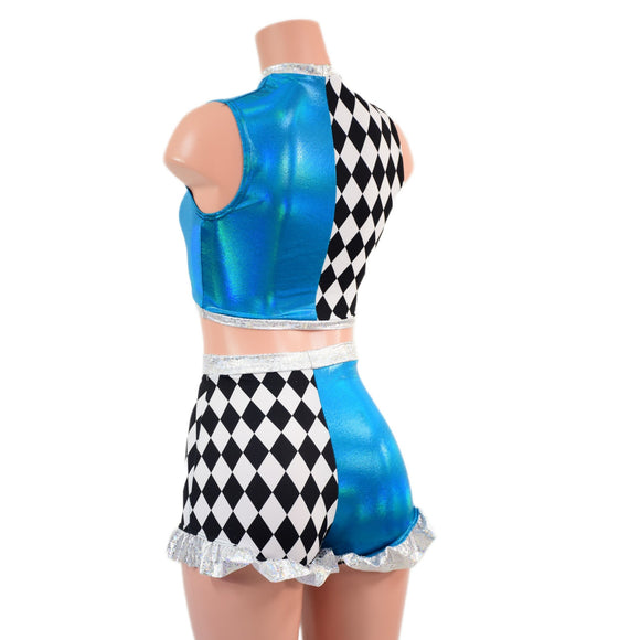 2PC Inset Keyhole Top and High Waist Siren Shorts with Ruffled Legs - Coquetry Clothing
