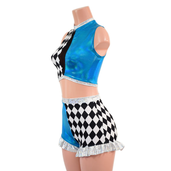 2PC Inset Keyhole Top and High Waist Siren Shorts with Ruffled Legs - Coquetry Clothing