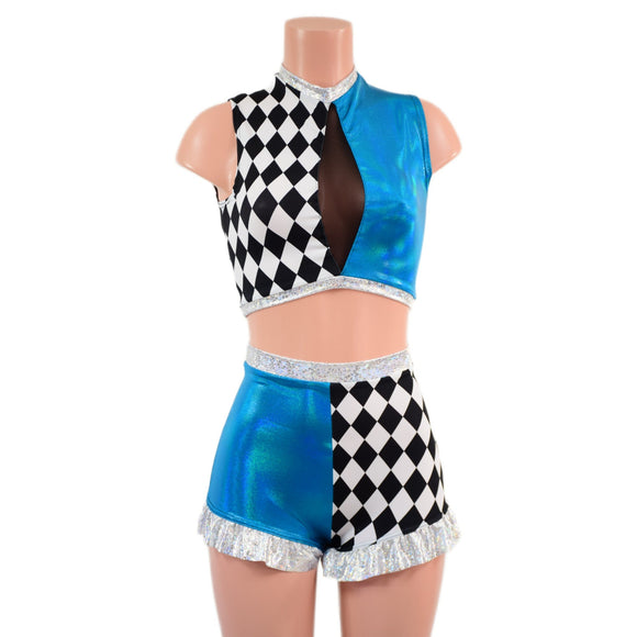2PC Inset Keyhole Top and High Waist Siren Shorts with Ruffled Legs - Coquetry Clothing
