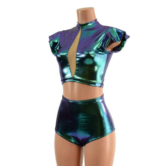 2PC Inset Mesh Keyhole Top and Siren Shorts Set - Coquetry Clothing