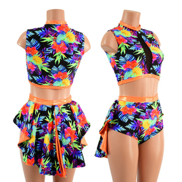 2PC Inset Mesh Keyhole Top and Siren Shorts with Mini Tux Back - Coquetry Clothing