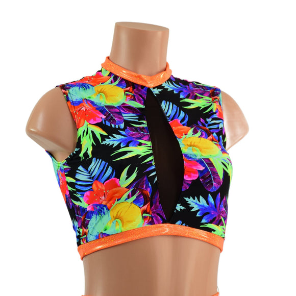 2PC Inset Mesh Keyhole Top and Siren Shorts with Mini Tux Back - Coquetry Clothing