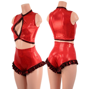 2PC Keyhole Crop Top and Ruffled Leg Siren Shorts Set - Coquetry Clothing