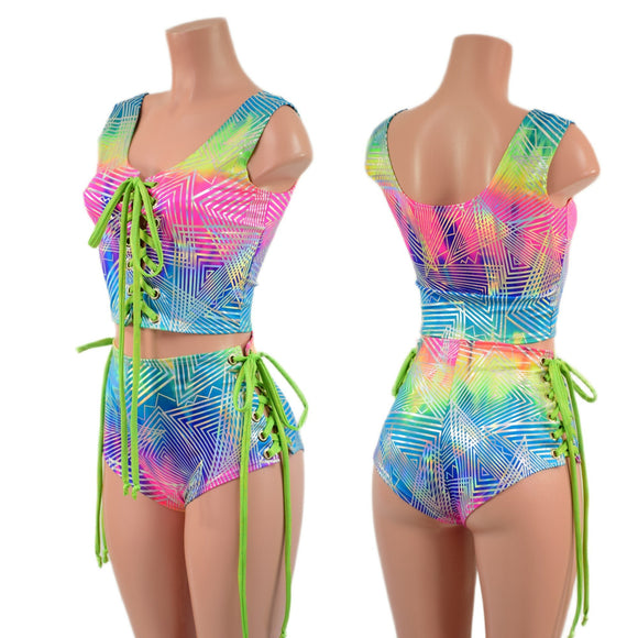 2PC Lace Up Crop Tank and Siren Shorts Set - Coquetry Clothing